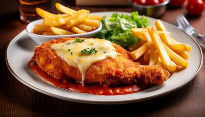 chicken parmigiana a breaded chicken schnitzel topped with tomato sauce and melted cheese often served with chips fries and a side salad