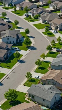 Suburb Aerial View: Rows of houses with lush green lawns in a classic residential neighborhood during the daytime