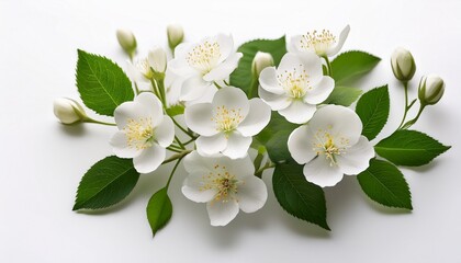 blossoming beauty white flowers buds and green leaves on white background