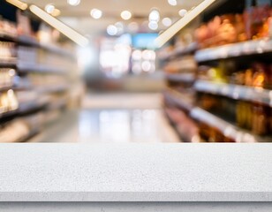 vertical empty white table top counter desk over blur perspective store with bokeh light background white marble stone table shelf and blurred shop for food product display mockup