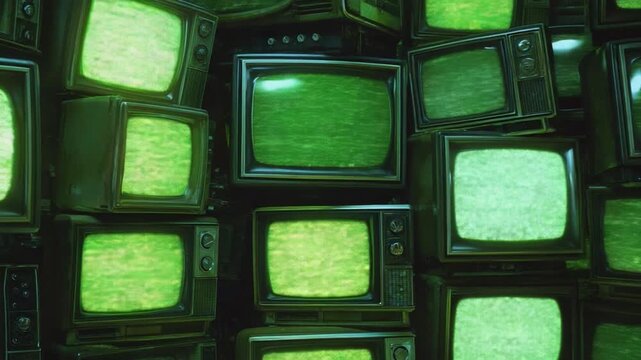 Vintage Televisions: An array of vintage televisions fill the frame, each screen displaying a static green glow, creating a visually striking and somewhat nostalgic scene.