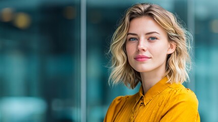 Obraz premium Confident blonde businesswoman with blue eyes smiles warmly in modern office, radiating professionalism and approachability.