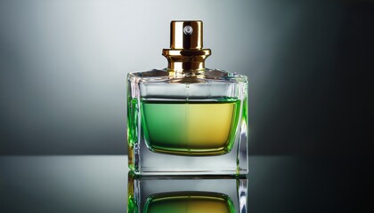 elegant crystal perfume bottle with gradient green and gold fragrance on reflective surface