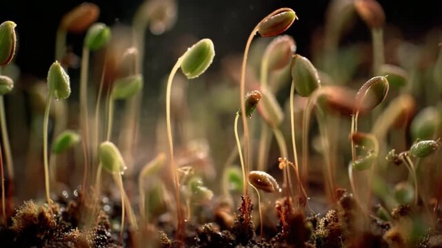 Microscopic Plant Life: A captivating macro shot unveils the delicate elegance of tiny plant life, each sprout reaching towards the light with tenacity and grace.