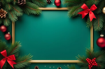 On a green background is a golden frame decorated with Christmas tree branches, red balls and bows and cones. Christmas template.