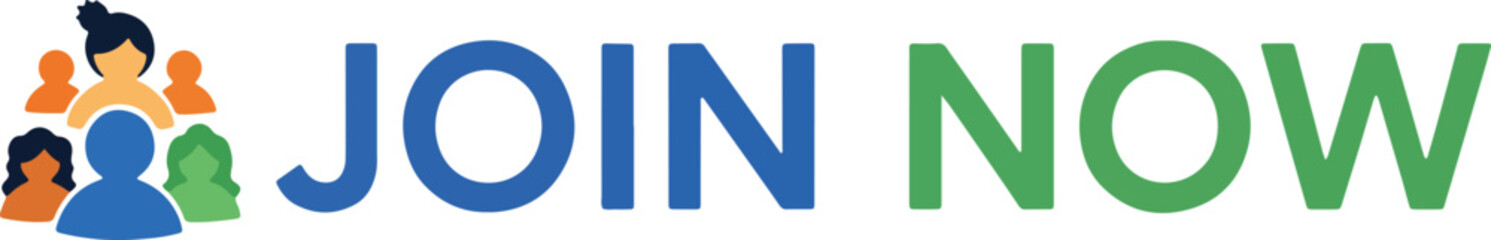 A "Join Now" call to action graphic with a colorful icon representing a community or group of people.