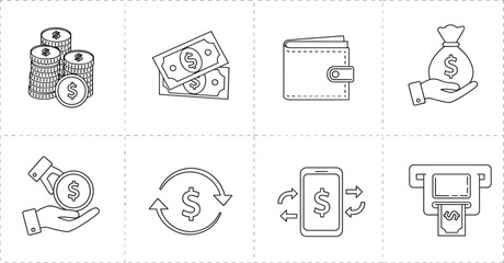 Money and finance icons, dollar signs, wallet, transaction, cash, smartphone, ATM, payment, exchange, economy, banking