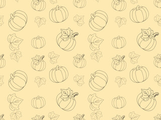 repeating pattern of pumpkins and autumn leaves drawn with black outlines on light yellow background, autumn or halloween theme