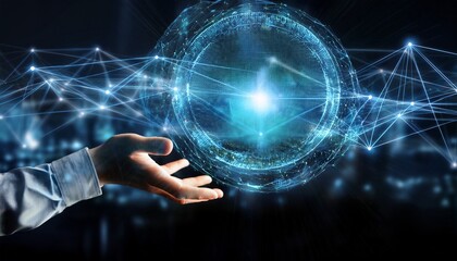 digital holographic hand reaching toward glowing futuristic touchscreen interface with light particles and network connections