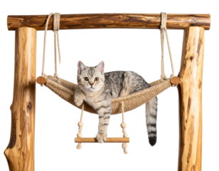 Rustic Wooden Cat Climbing Tree with Hammock and Rope Ladder (2)
