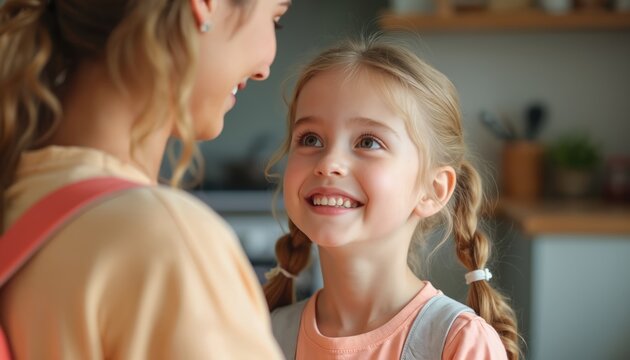 Mother lovingly prepares daughter for first school day, sharing heartwarming moment of connection, excitement. Young girl with blonde pigtails smiles, ready for new learning adventures. Family bond, - Powered by Adobe