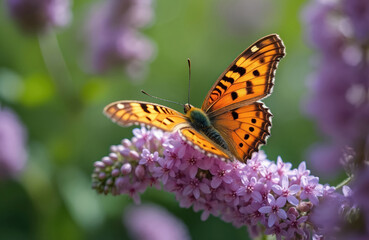 Obraz premium Macro shot of orange butterfly with intricate black markings resting on cluster of small purple flowers. Butterflys wings show detailed patterns, iridescence. Soft green blur in background enhances