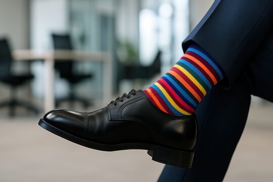 Rainbow Striped Socks With Black Formal Shoes In Office