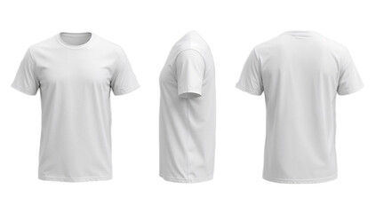 Three views of a blank white t-shirt: front, side, and back perspectives, isolated on a white background.