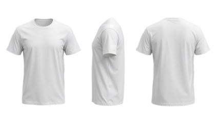 Three views of a blank white t-shirt: front, side, and back perspectives, isolated on a white background.