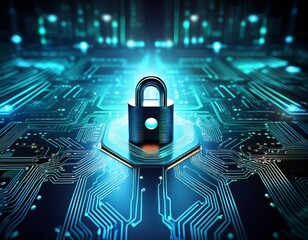 secure digital lock on circuit board representing cybersecurity technology and data protection innovations in modern computing systems