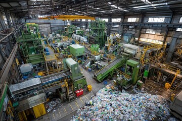A large recycling facility with various machines processing waste materials. Piles of sorted recyclables are visible throughout the industrial space.