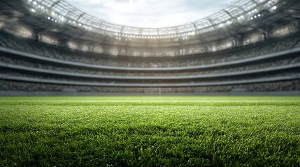 Green grass sports stadium with spectator stands soccer field American football and baseball a closeup sports mockup background with copy space.
