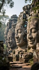 Obraz premium Wide view of ancient Bayon stone faces with embedded circuitry and glowing tech components in dense green jungle, showing fusion of historical architecture and advanced technology
