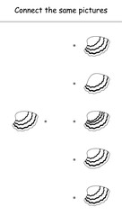 Logic game. Connect the same pictures of shell. Black and white vector illustration for children's coloring book, worksheet, print.