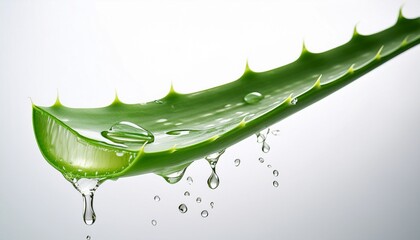 aloe vera gel fall from aloe vera leaf on white background