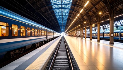 Fototapeta premium Empty train station platform at sunrise, flanked by two trains under arched metal roof—evoking solitude, symmetry, and quiet anticipation in cinematic urban storytelling.