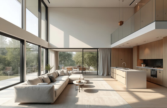 Spacious modern home interior with open-plan living, kitchen areas. Features natural light, wood finishes, large windows, comfortable sofa, dining set. Contemporary design promotes airy, bright