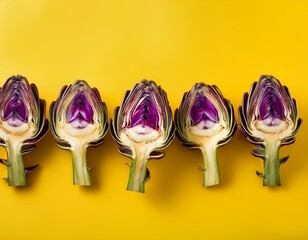 halved purple artichokes in symmetrical row on vibrant yellow background with bold contrast concept of plant based food trends minimalist culinary styling and graphic design visuals