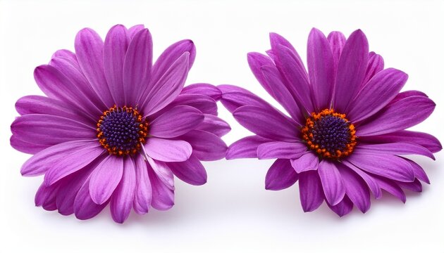 closeup of delicate purple daisies with detail petals on a white background