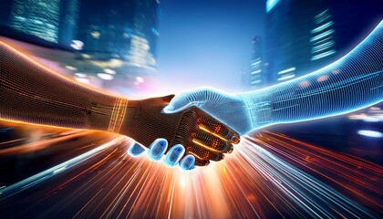 futuristic handshake between two diverse hands representing unity collaboration technology and innovation against a backdrop of city lights