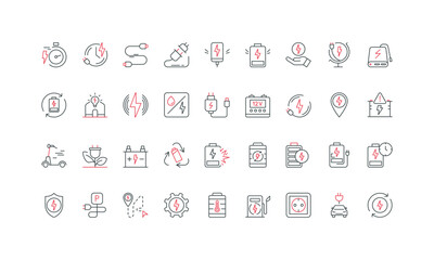 Charging battery and accumulator, electro car charger, power supply line icon set. Capacity and fast charge of phone and electric scooter thin black and red outline symbols vector illustration