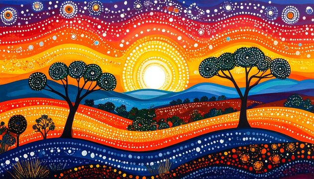 Vibrant sunset over rolling hills and stylized trees, dotted patterns
