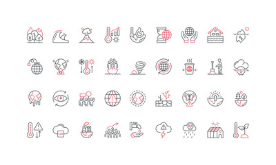 Climate change, extreme weather and carbon pollution, crisis of ecosystems line icon set. Population growth and protests, environmental problems thin black and red outline symbols vector illustration