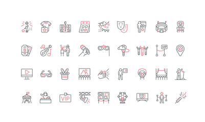 Colorful line icons representing entertainment show, concert, festival, and event concepts for web, app, or print design needs isolated on white background vector illustration