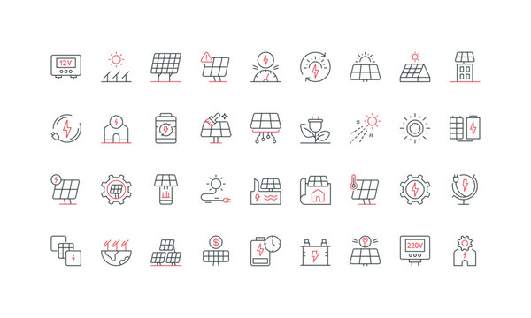 Solar panel, renewable source energy source, electricity generation and supply line icon set. Off grid system and battery, energy production cost thin black and red outline symbols vector illustration