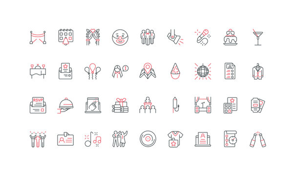 Collection of thin line icons representing event management, party planning, celebration, invitations, catering, entertainment, and organization for business or personal use vector illustration