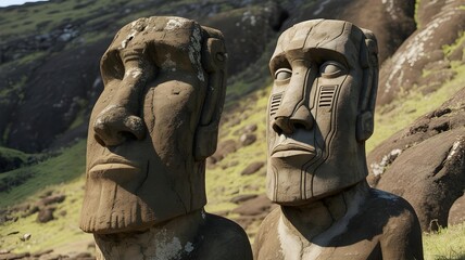 Futuristic Moai statue with cybernetic details on grassy Easter Island landscape under blue sky, blending ancient culture with advanced technology in photorealistic style