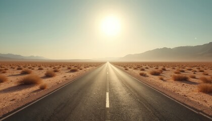 Straight, narrow asphalt road crosses windswept desert landscape under bright, cloudless sky. Distant mountains fade into haze, suggesting long journey ahead. Scene conveys sense of isolation,