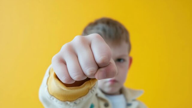 Young boy with fist raised, asserting himself.