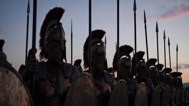Shadows of Sparta Silhouetted Warriors on the Brink of Dawn
