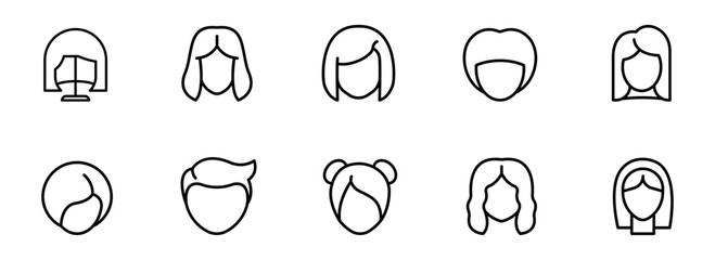 Collection of Minimalist Line Art Female and Male Hairstyle Icons; Simple, Modern, and Clean Design for Web or App Use.
