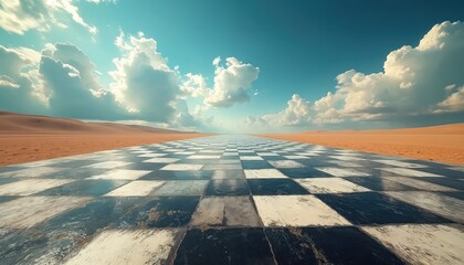 Fototapeta premium Vast chessboard landscape stretches towards horizon under vibrant blue sky with fluffy clouds. Desert dunes flank checkerboard path. Surreal scene suggests journey, choice, strategy, and adventure.