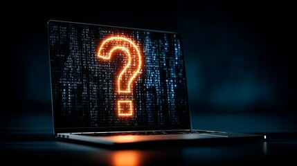 Glowing orange question mark illuminates a laptop screen displaying binary code in a dark, modern setting.