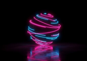 Futuristic Neon Globe with Glowing Blue and Pink Lines on a Dark Background