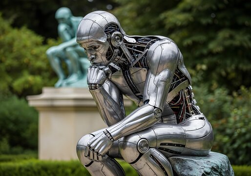 Chrome plated humanoid robot in classic Thinker pose with exposed wiring and pistons, set in lush garden with stone elements and soft sunlight in photorealistic style