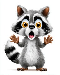 Obraz premium Surprised cartoon raccoon with wide eyes and raised paws, comic style emotion expression, white background