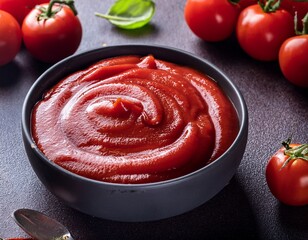 homemade tomato paste ketchup in a bowl surrounded by tomatoes horizontal dark