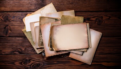 vintage blank photocards scattered on dark wooden background with aged paper texture and soft brown tones creating a nostalgic atmosphere