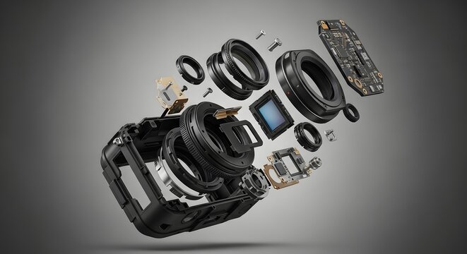 Technical illustration of a disassembled compact action camera, with its lens, sensor, and circuit board in an exploded view.