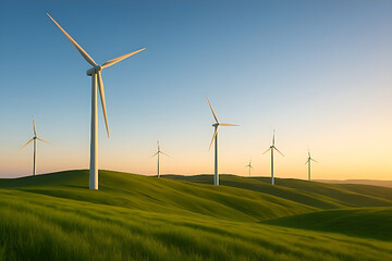 Wind Turbines on Green Rolling Hills at Sunset